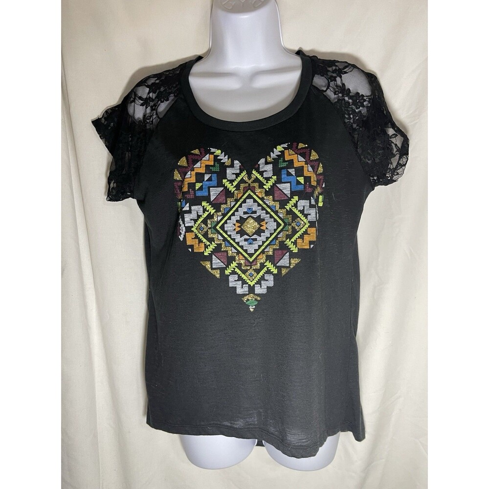 RANSOM Women's XL Black Short Sleeve Top Geometric Glitter Heart Lace Back & Sle